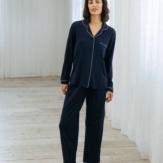 Young Ideas & Henmores -Modal Long Button Up Pyjama Set  -Plain Navy -8