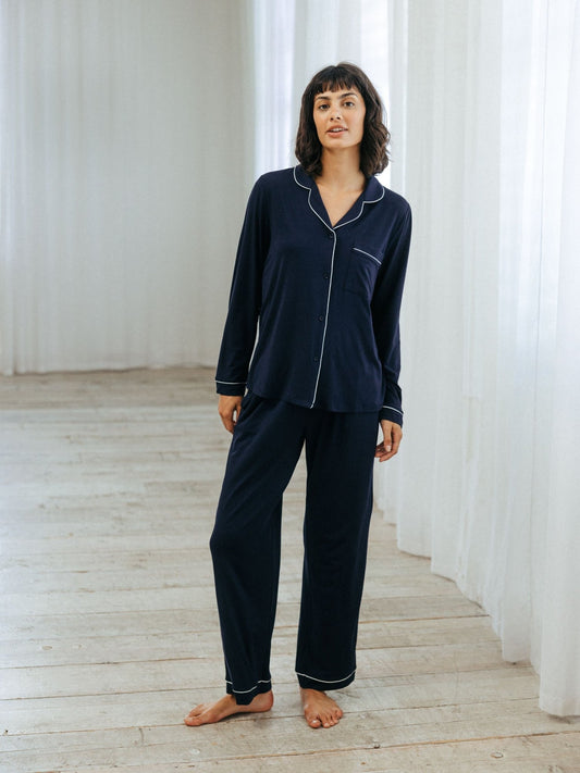 Young Ideas & Henmores -Modal Long Button Up Pyjama Set  -Plain Navy -8