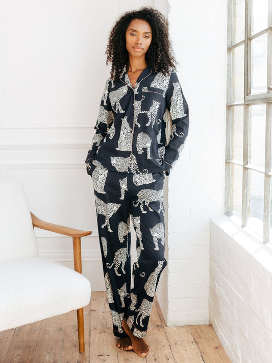 Young Ideas & Henmores -Organic Cotton Leopard Print Long Pyjama Set -Navy -8