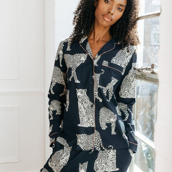 Young Ideas & Henmores -Organic Cotton Leopard Print Long Pyjama Set -Navy -8
