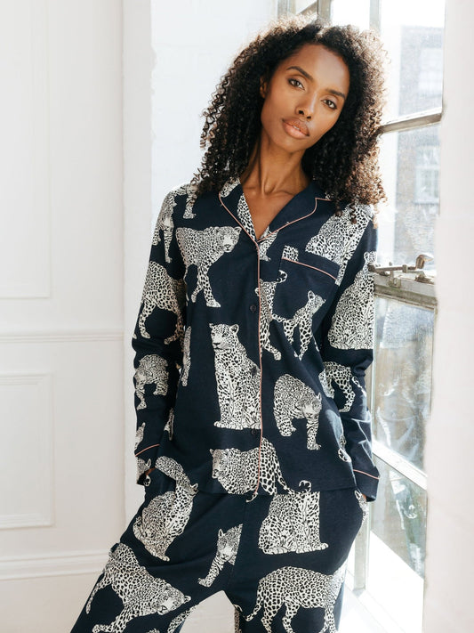 Young Ideas & Henmores -Organic Cotton Leopard Print Long Pyjama Set -Navy -8