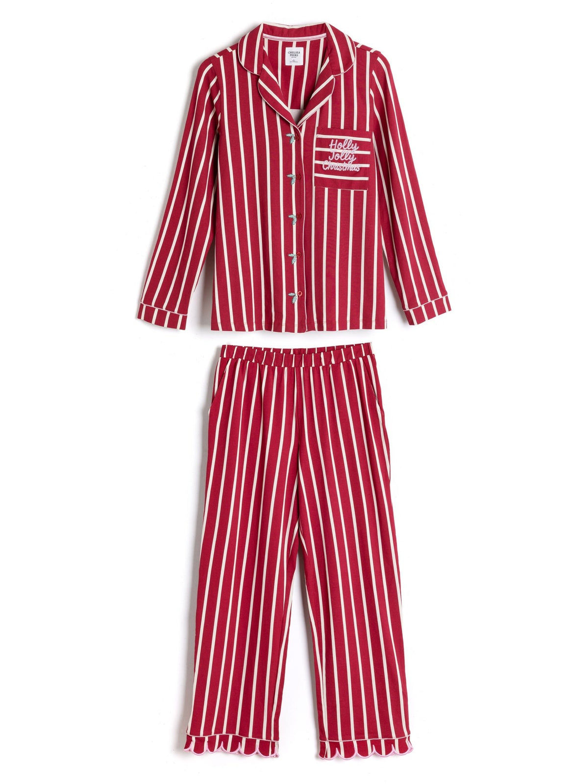 Young Ideas & Henmores -Organic Cotton Scallop Stripe Long Pyjama Set -Red -8