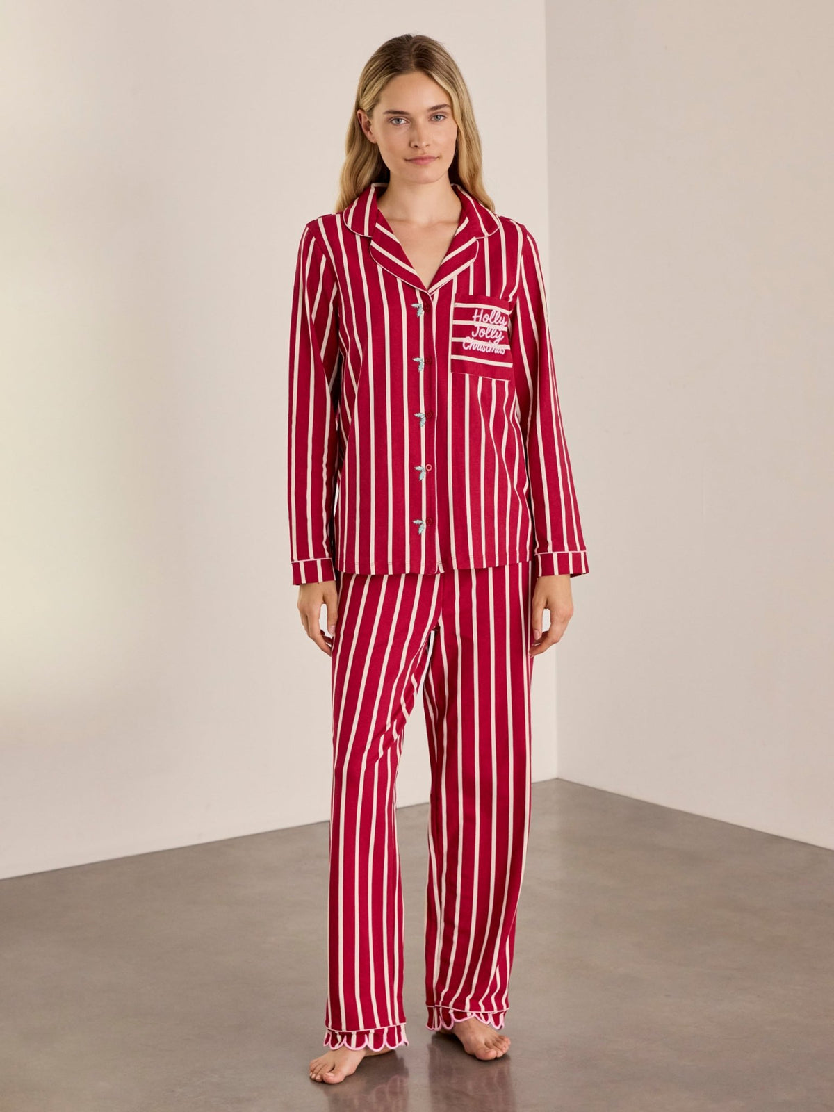 Young Ideas & Henmores -Organic Cotton Scallop Stripe Long Pyjama Set -Red -8