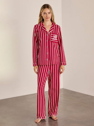 Young Ideas & Henmores -Organic Cotton Scallop Stripe Long Pyjama Set -Red -8