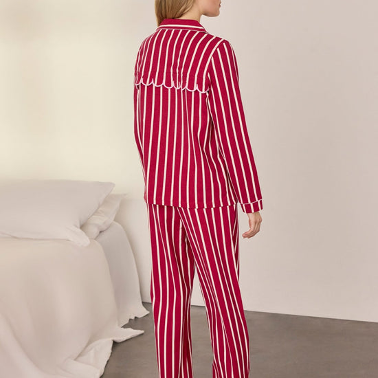 Young Ideas & Henmores -Organic Cotton Scallop Stripe Long Pyjama Set -Red -8