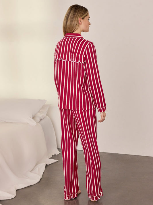 Young Ideas & Henmores -Organic Cotton Scallop Stripe Long Pyjama Set -Red -8