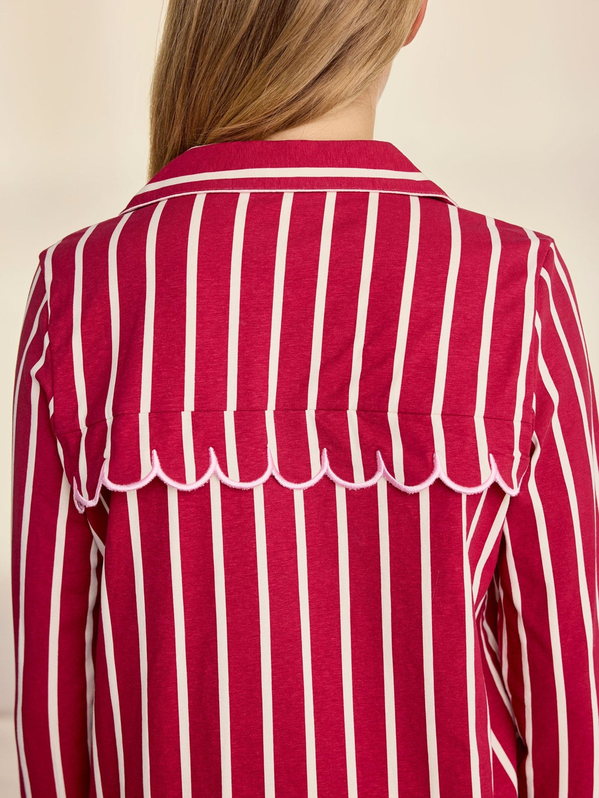 Young Ideas & Henmores -Organic Cotton Scallop Stripe Long Pyjama Set -Red -8