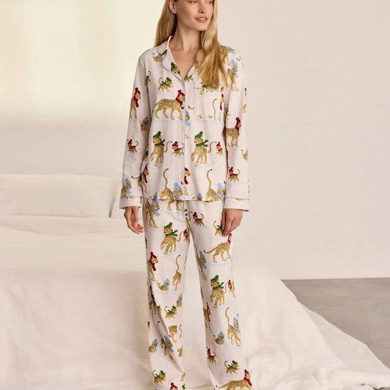Young Ideas & Henmores -Organic Cotton Skating Leopards Long Pyjama Set -Off White -8