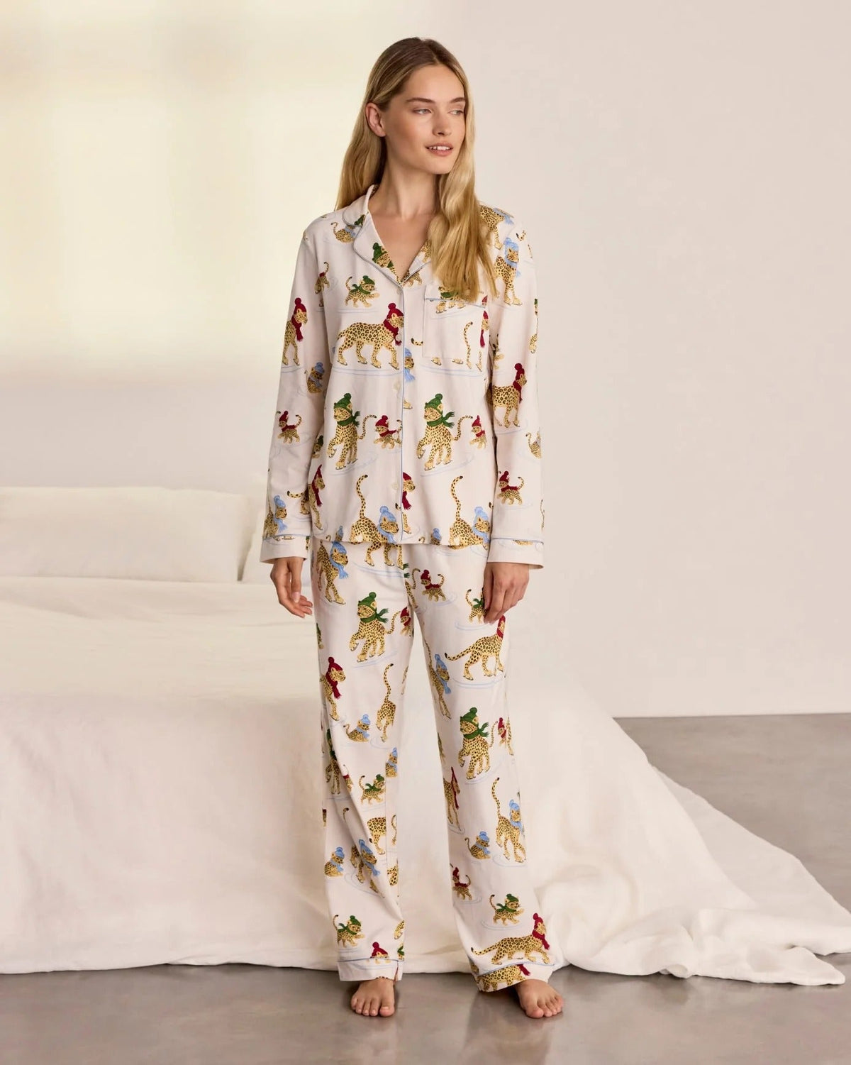 Young Ideas & Henmores -Organic Cotton Skating Leopards Long Pyjama Set -Off White -8