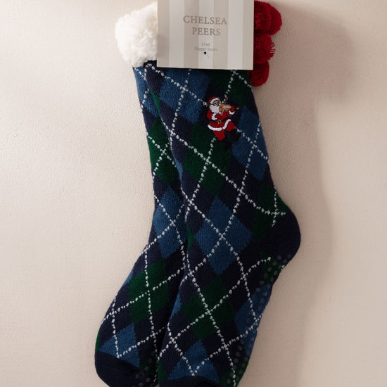 Young Ideas & Henmores -Oversized Santa Argyle Socks -Navy -OS