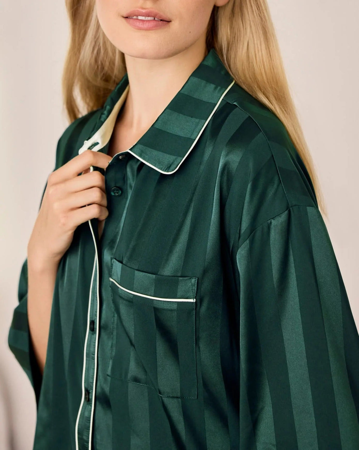 Young Ideas & Henmores -Satin Tonal Stripe Long Pyjama Set -Green -8