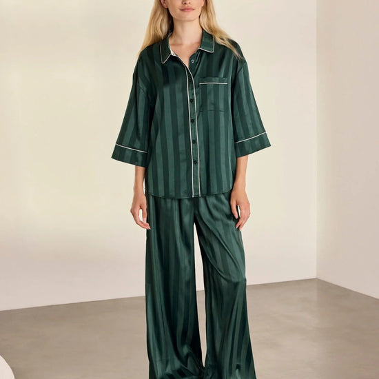 Young Ideas & Henmores -Satin Tonal Stripe Long Pyjama Set -Green -8