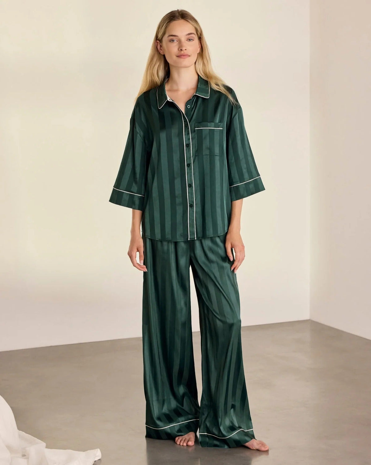 Young Ideas & Henmores -Satin Tonal Stripe Long Pyjama Set -Green -8
