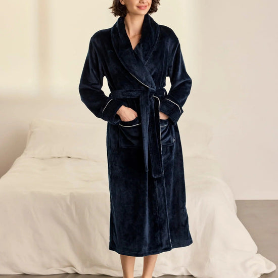 Young Ideas & Henmores -Womens Fleece Dressing Gown -Plain Navy -8