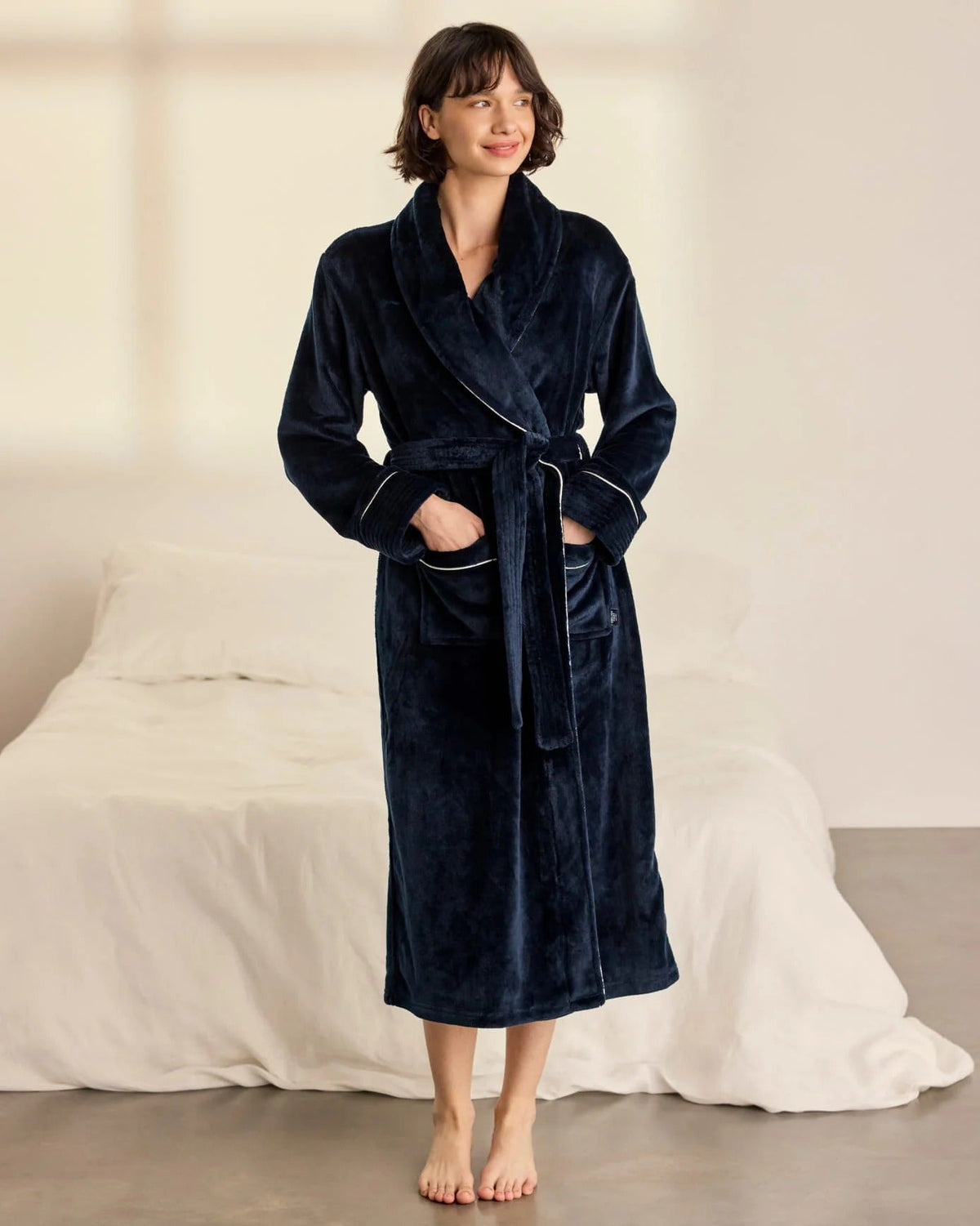 Young Ideas & Henmores -Womens Fleece Dressing Gown -Plain Navy -8