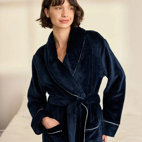 Young Ideas & Henmores -Womens Fleece Dressing Gown -Plain Navy -8