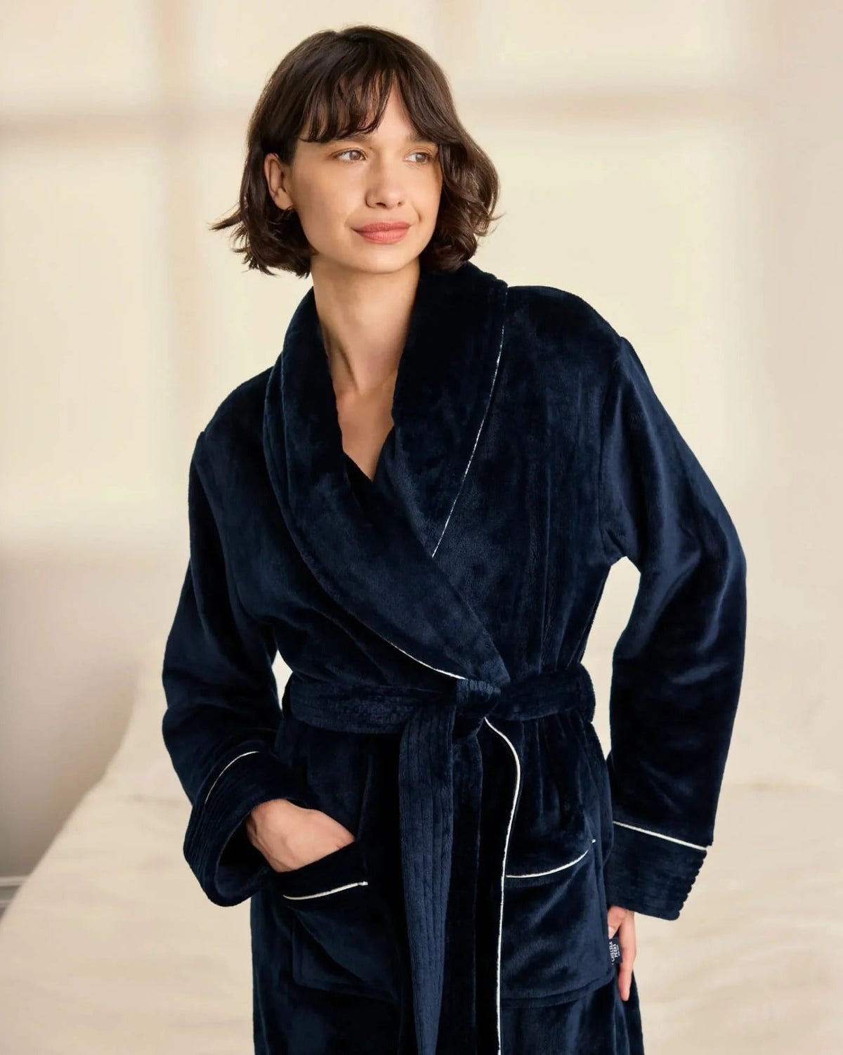 Young Ideas & Henmores -Womens Fleece Dressing Gown -Plain Navy -8