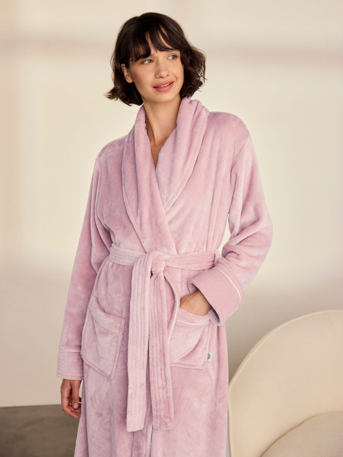 Young Ideas & Henmores -Womens Fleece Dressing Gown -Plain Pink -8