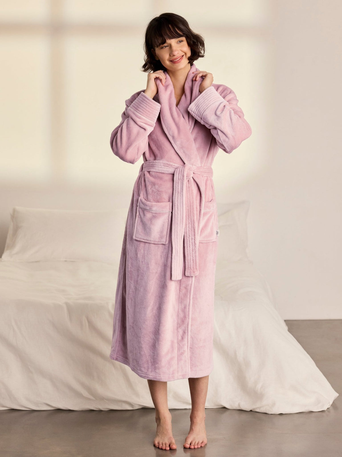 Young Ideas & Henmores -Womens Fleece Dressing Gown -Plain Pink -8