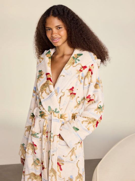 Young Ideas & Henmores -Womens Sealskin Fleece Leopards Dressing Gown -Off White -8