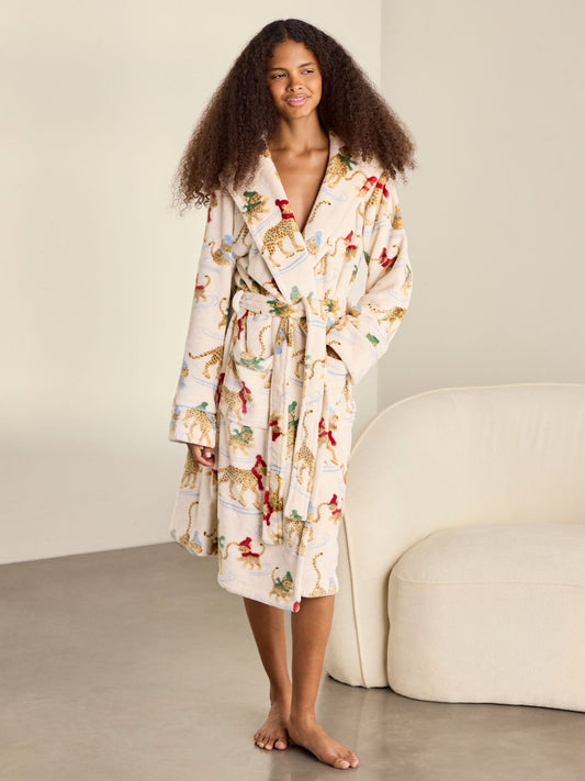 Young Ideas & Henmores -Womens Sealskin Fleece Leopards Dressing Gown -Off White -8