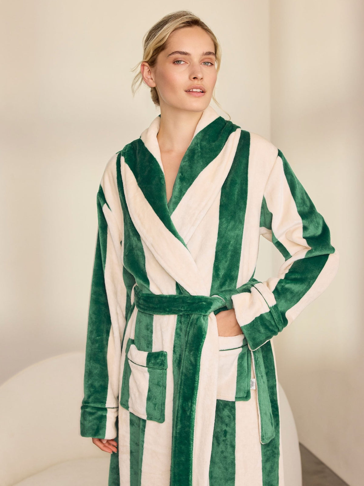 Young Ideas & Henmores -Womens Sealskin Fleece Stripe Dressing Gown -Green -14