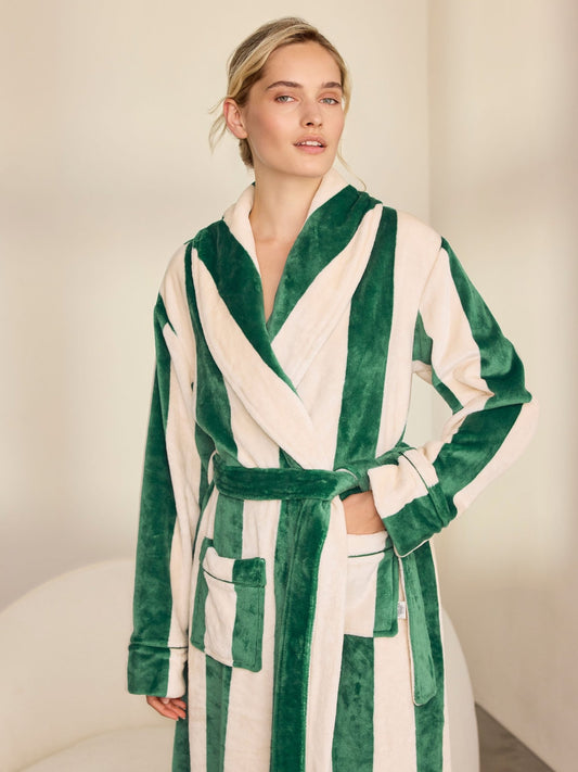 Young Ideas & Henmores -Womens Sealskin Fleece Stripe Dressing Gown -Green -14