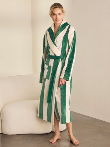Young Ideas & Henmores -Womens Sealskin Fleece Stripe Dressing Gown -Green -14