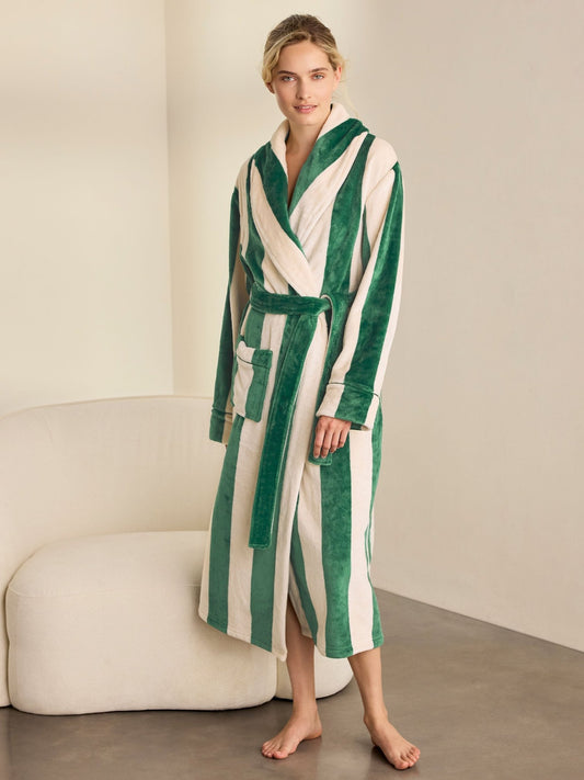 Young Ideas & Henmores -Womens Sealskin Fleece Stripe Dressing Gown -Green -14