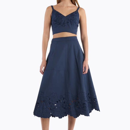 Young Ideas & Henmores - Bobbi Floral Broderie Midi Skirt - Navy - 8