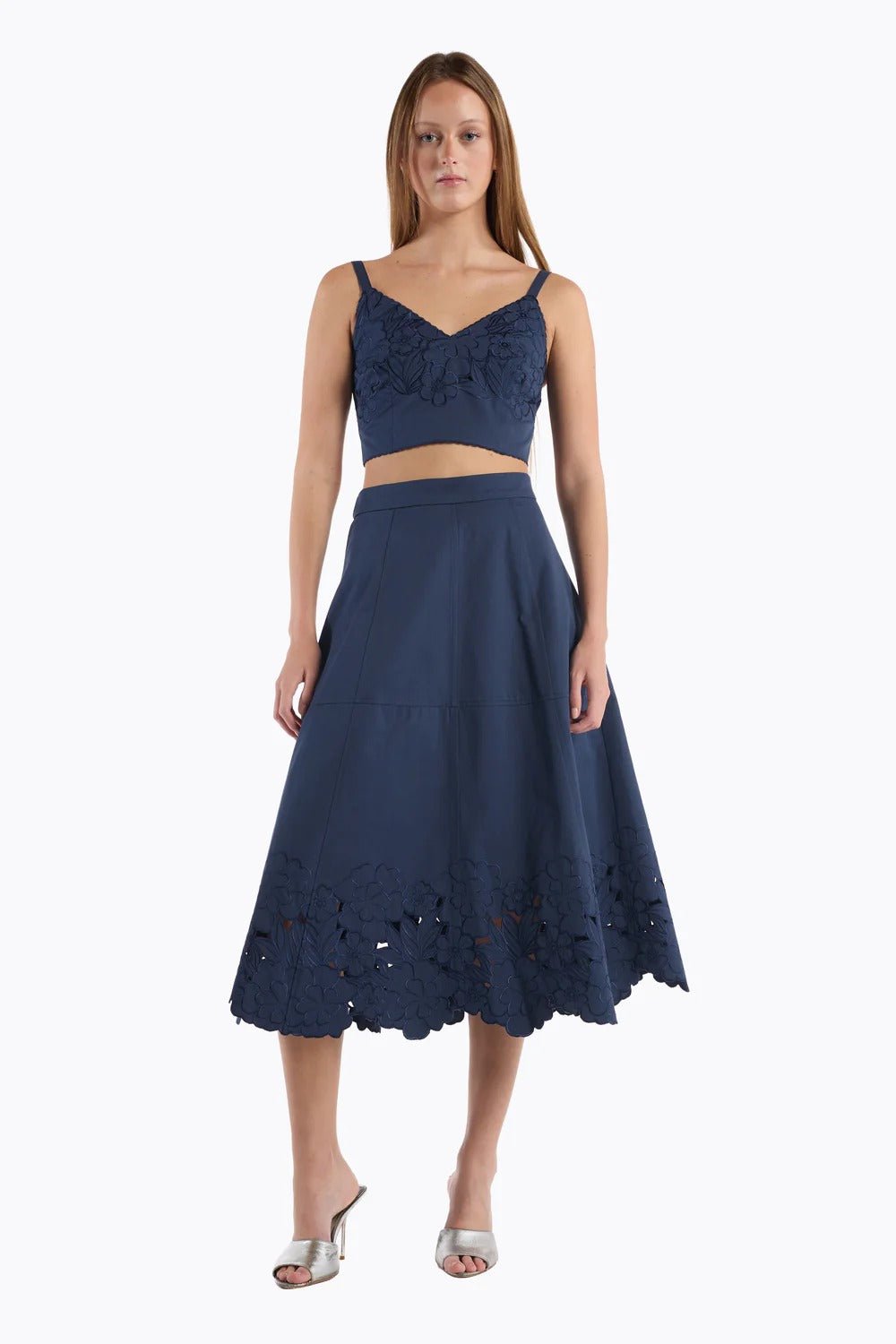 Young Ideas & Henmores - Bobbi Floral Broderie Midi Skirt - Navy - 8