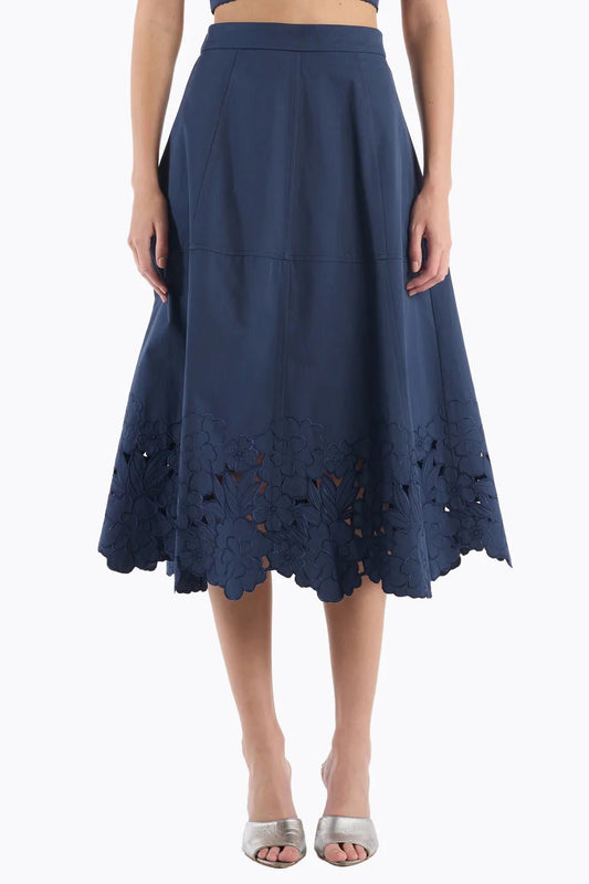 Young Ideas & Henmores - Bobbi Floral Broderie Midi Skirt - Navy - 8