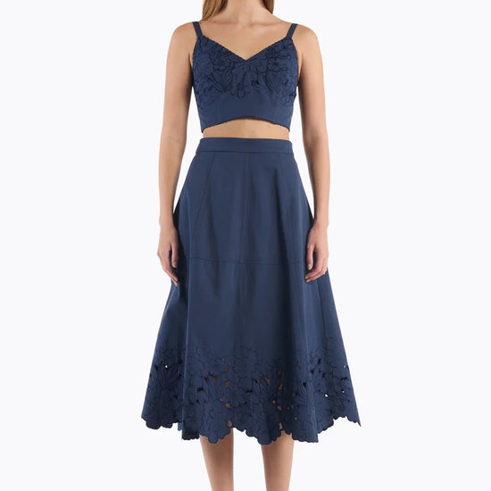 Young Ideas & Henmores - Bobbi Floral Broderie Midi Skirt - Navy - 8