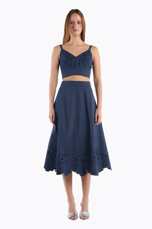 Young Ideas & Henmores - Bobbi Floral Broderie Midi Skirt - Navy - 8