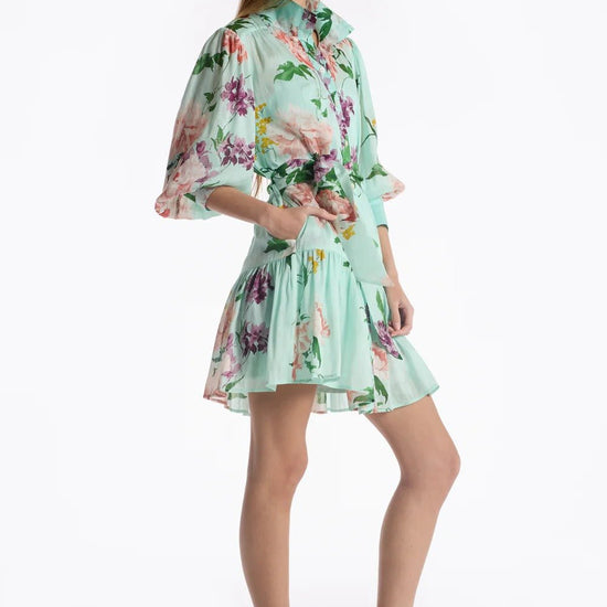 Young Ideas & Henmores - Emi Floral Tranquility Tie Waist Mini Dress - Mint Tranquility - XS