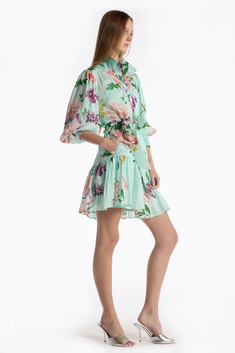 Young Ideas & Henmores - Emi Floral Tranquility Tie Waist Mini Dress - Mint Tranquility - XS
