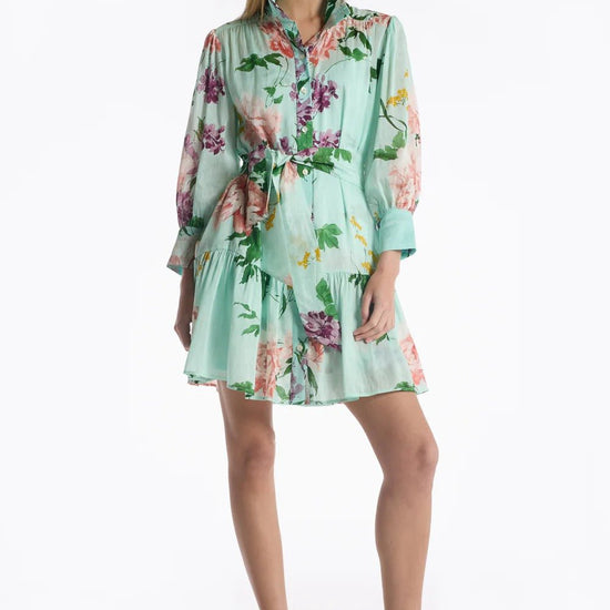 Young Ideas & Henmores - Emi Floral Tranquility Tie Waist Mini Dress - Mint Tranquility - XS