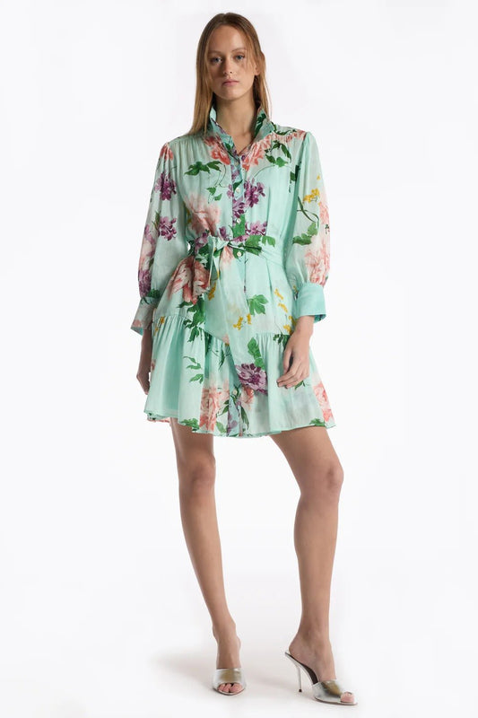 Young Ideas & Henmores - Emi Floral Tranquility Tie Waist Mini Dress - Mint Tranquility - XS