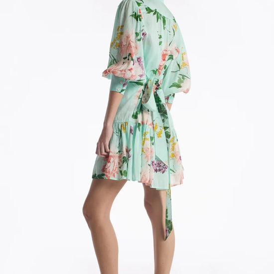 Young Ideas & Henmores - Emi Floral Tranquility Tie Waist Mini Dress - Mint Tranquility - XS