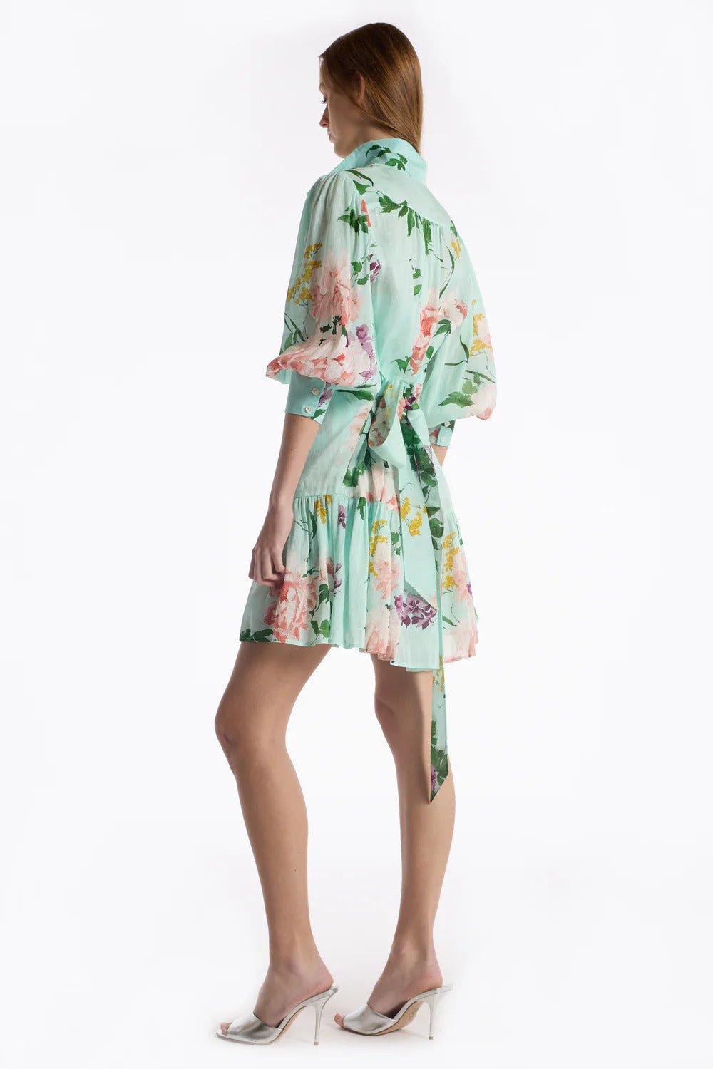 Young Ideas & Henmores - Emi Floral Tranquility Tie Waist Mini Dress - Mint Tranquility - XS