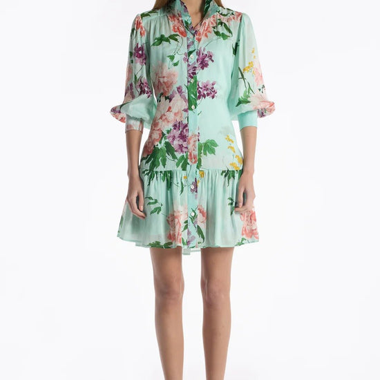 Young Ideas & Henmores - Emi Floral Tranquility Tie Waist Mini Dress - Mint Tranquility - XS