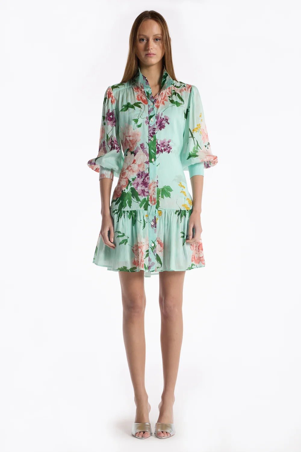 Young Ideas & Henmores - Emi Floral Tranquility Tie Waist Mini Dress - Mint Tranquility - XS