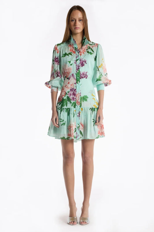 Young Ideas & Henmores - Emi Floral Tranquility Tie Waist Mini Dress - Mint Tranquility - XS