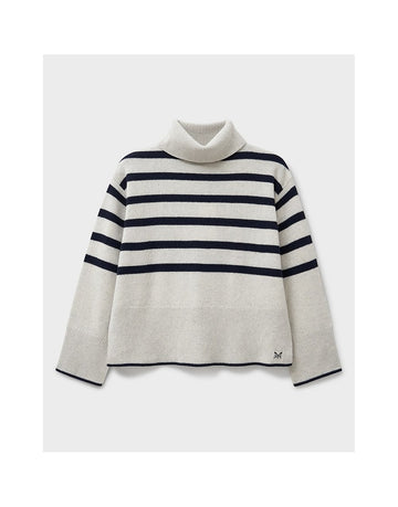 Young Ideas/Henmores - Harmony Saddle Shoulder Funnel Neck Jumper - Grey/Navy Stripe - 8