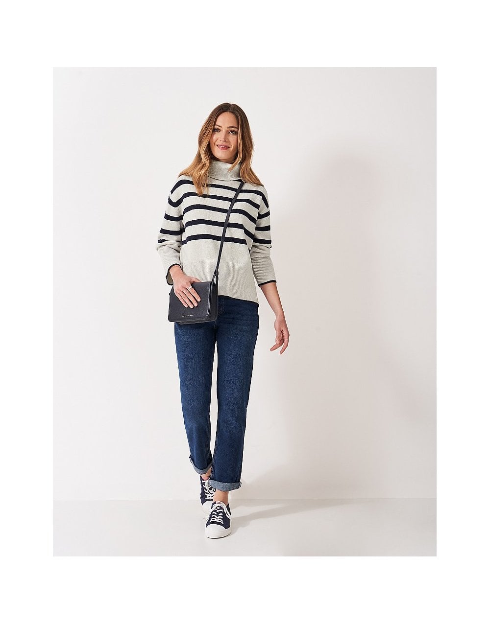 Young Ideas/Henmores - Harmony Saddle Shoulder Funnel Neck Jumper - Grey/Navy Stripe - 8