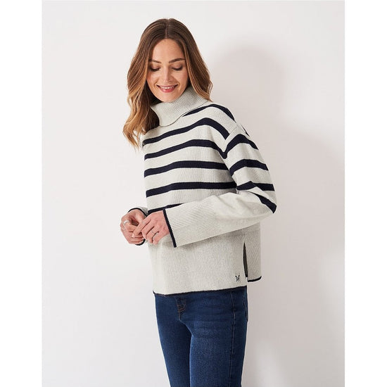 Young Ideas/Henmores - Harmony Saddle Shoulder Funnel Neck Jumper - Grey/Navy Stripe - 8