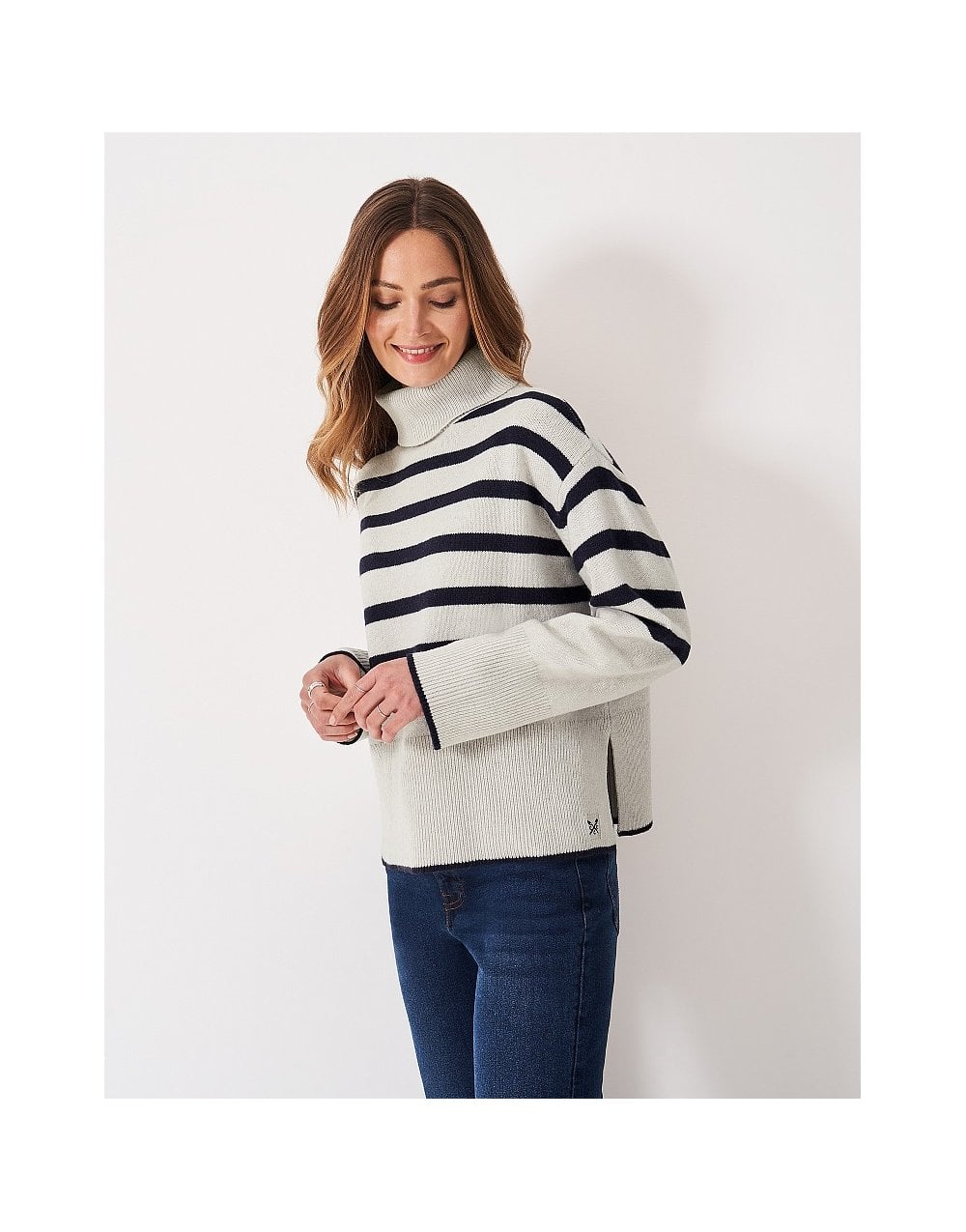 Young Ideas/Henmores - Harmony Saddle Shoulder Funnel Neck Jumper - Grey/Navy Stripe - 8