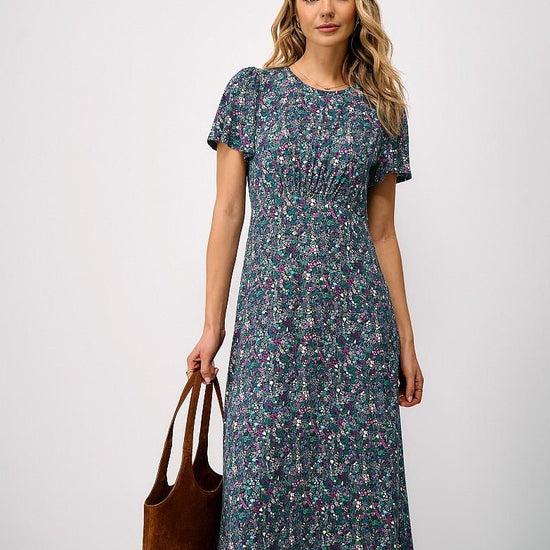 Young Ideas & Henmores - Jenna Flutter Sleeve Jersey Dress - Navy Meadow - 8
