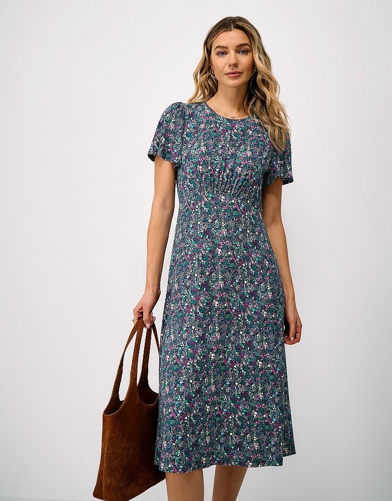 Young Ideas & Henmores - Jenna Flutter Sleeve Jersey Dress - Navy Meadow - 8