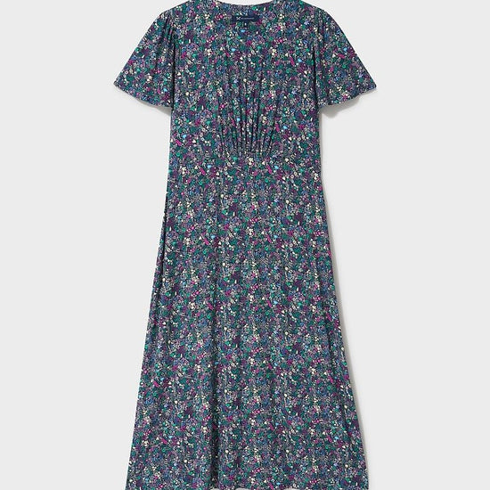 Young Ideas & Henmores - Jenna Flutter Sleeve Jersey Dress - Navy Meadow - 8